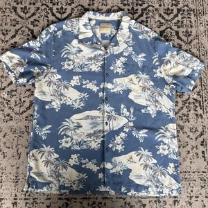 Tommy Bahama Shirt Men's XL Blue Silk Camp Hawaiian Floral Loop Collar Button